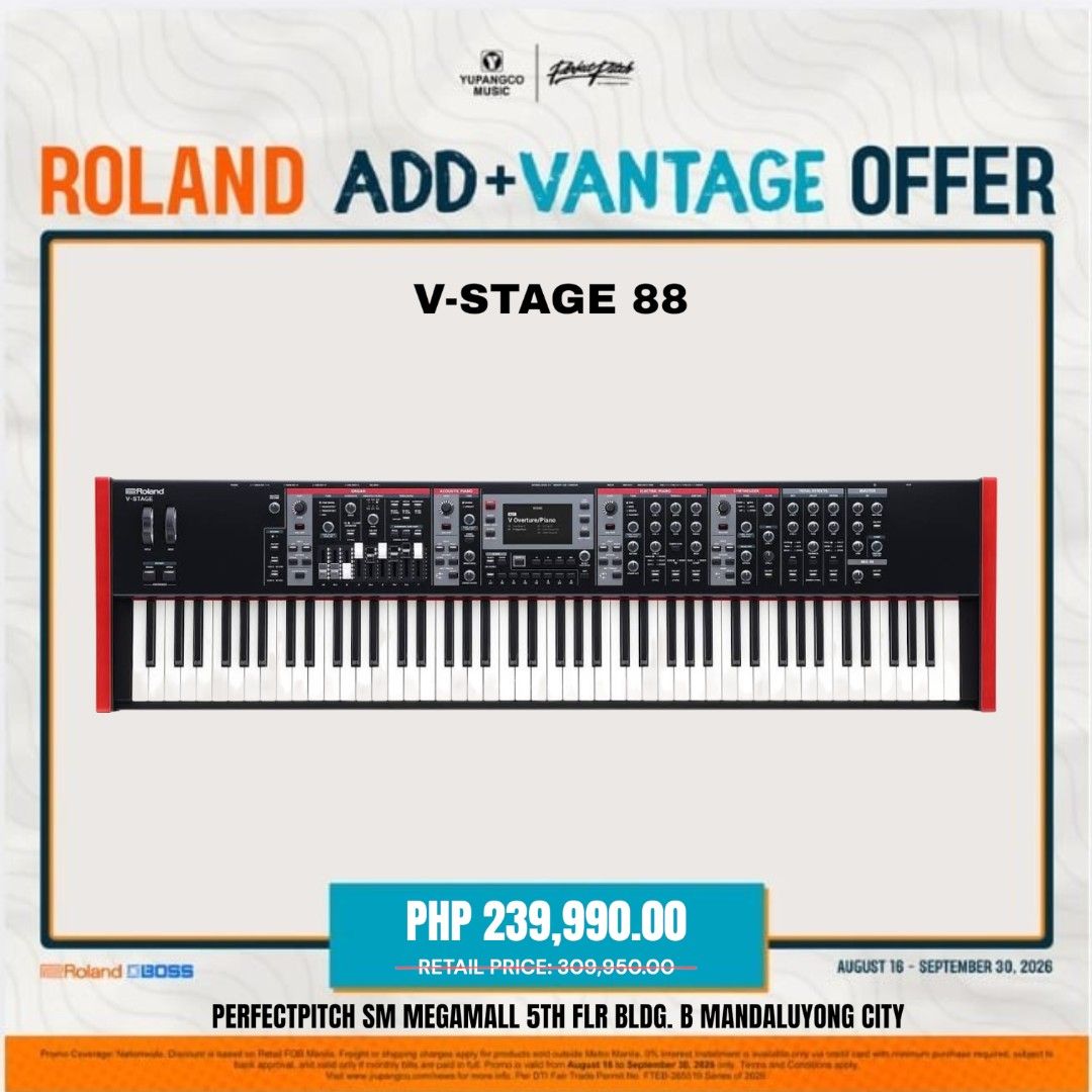 Roland V-Stage 88 Digital Piano work station (Category: Musical Instruments) located in Quezon City. Submitted by marvincaoile (Listing ID 1463386569, Image 1). Description: - Roland V-Stage 88 - Ideal for live performances and studio use - Features a realistic piano feel - Part of the Roland Add+Vantage Offer - Available at Perfectpitch SM Megamall PERFECT PITCH SM MEGAMALL 5TH FLOOR BUILDING B. FOR MORE INFORMATION PLEASE CALL 09277779437 - MAR