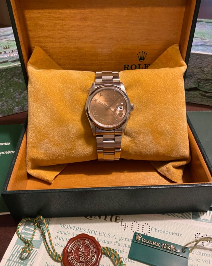 Rolex Datejust Salmon Dial 16200 36mm (Category: Luxury Watches) located in Quezon City. Submitted by thetimecapsule.ph (Listing ID 1463397290, Image 2). Description: Rolex Datejust Salmon Dial 16200 36mm Smooth bezel Oyster bracelet Roman salmon dial 18K white gold roman numeral Reference: 16200 Pristine condition: 9.8/10 (Year 1999) Complete set: Box, certificate, manual, tags, holder. Rare complete Price: Php388,000.00.
