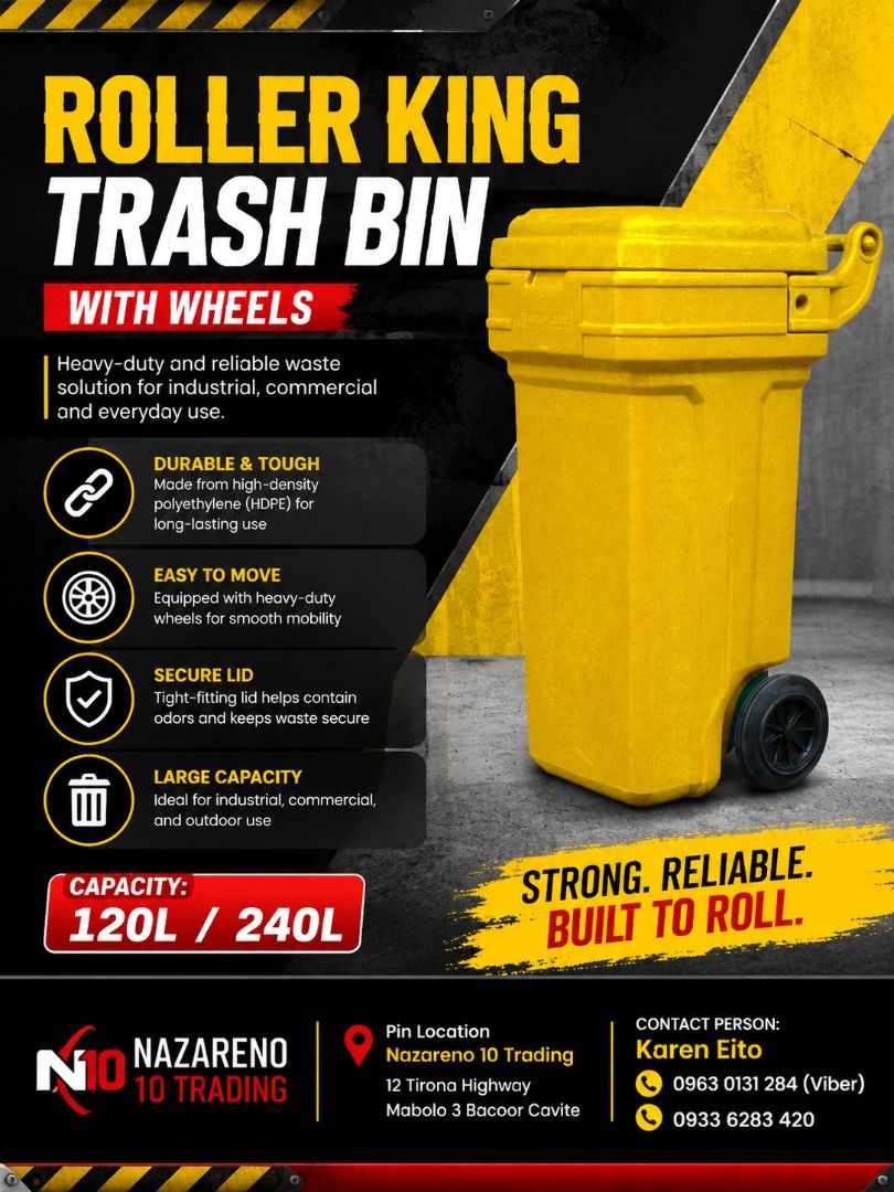 ROLLER KING TRASH BIN WITH WHEELS 150 LITERS / 250 LITERS (Category: Looking For) located in Bacoor. Submitted by kajezame.2021 (Listing ID 1463397337, Image 1). Description: ROLLER KING TRASH BIN WITH WHEELS 150 LITERS / 250 LITERS For More Details and Discount Contact Ms. Karen NAZARENO 10 TRADING 0963 0131 284 0933 6283 420 0956 7028 557 0933 8559 510 Landline: Look for Ms. Karen (046 ) 416 3920 Also available: • Traffic cone • Parking Block s
