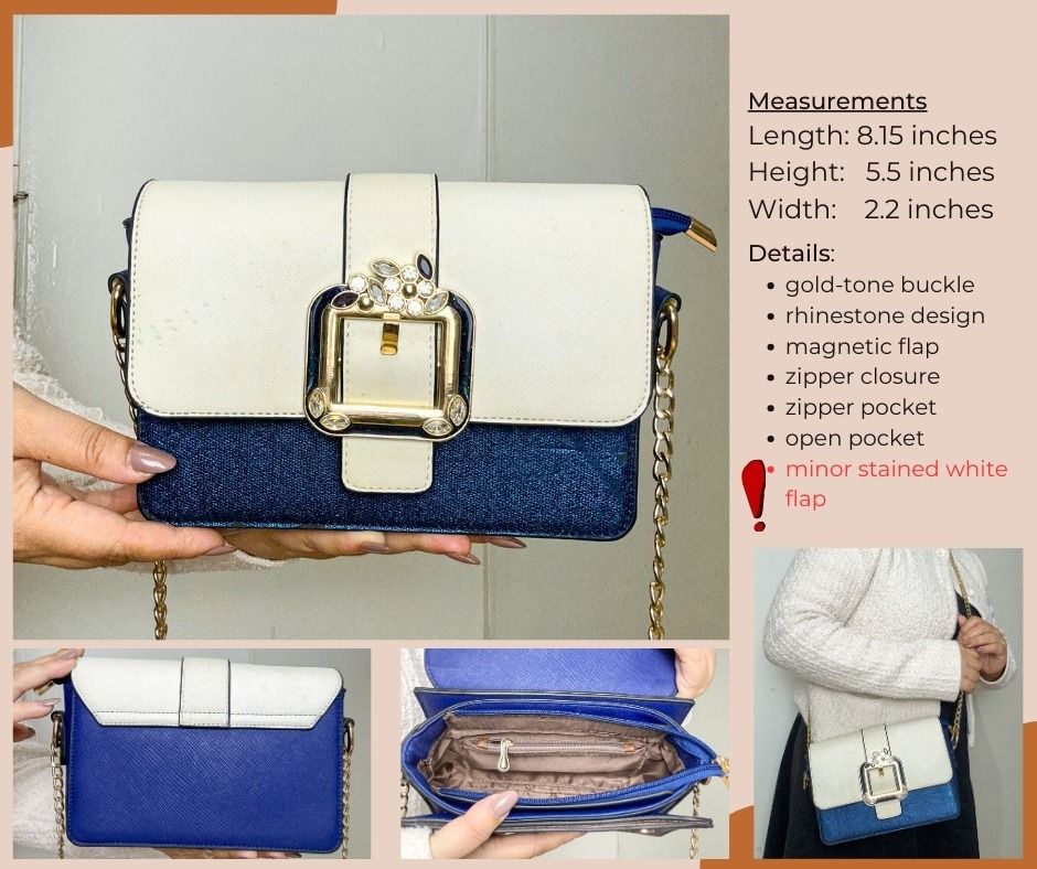 Royal Blue White Flap (Code: B176) (Category: Cross-body Bags) located in Mandaluyong City. Submitted by thriftandiapreloved (Listing ID 1463427847, Image 1). Description: Items are used/preloved/ukay2x, in good or slightly used condition. Please check remarks in RED font color for the flaws observed. If none indicated, none observed po. Measurements are also indicated in the photo. Thank you!.