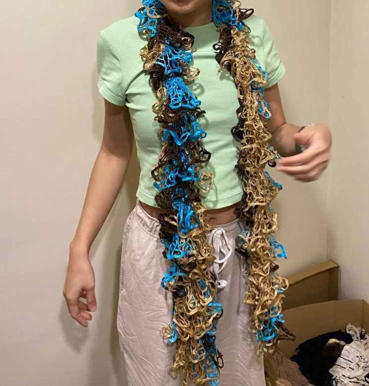 Ruffle Yarn Scarf - Blue, Brown, Gold (Category: Coats, Jackets and Outerwear) located in Quezon City. Submitted by eatupcommunity (Listing ID 1463497686, Image 3). Description: [FOR FUNDRAISING: EATUP FOOD SCHOLARSHIP PROGRAM] 180 each Pop of color and flair to any outfit! Ideal for cooler weather or as a stylish fashion accessory!.