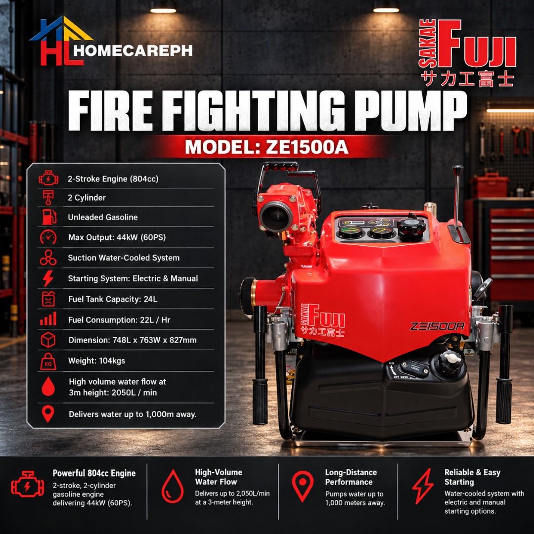 Sakae Fuji Fire Fighting Pump ZE1500A (Category: Construction Tools & Equipment) located in Manila. Submitted by homecareph (Listing ID 1321387990, Image 1). Description: 09-22-2026 ✅For Sale!!! ✅Retail / Wholesale ✅SAKAE FUJI FIRE FIGHTING PUMP ✅Model: ZE1500A • 2-Stroke Engine (804cc) • 2 Cylinder • Unleaded Gasoline • Max Output: 44kW (60PS) • Suction Water-Cooled System • Starting System: Electric & Manual • Fuel Tank Capacity: 24L • Fuel Con