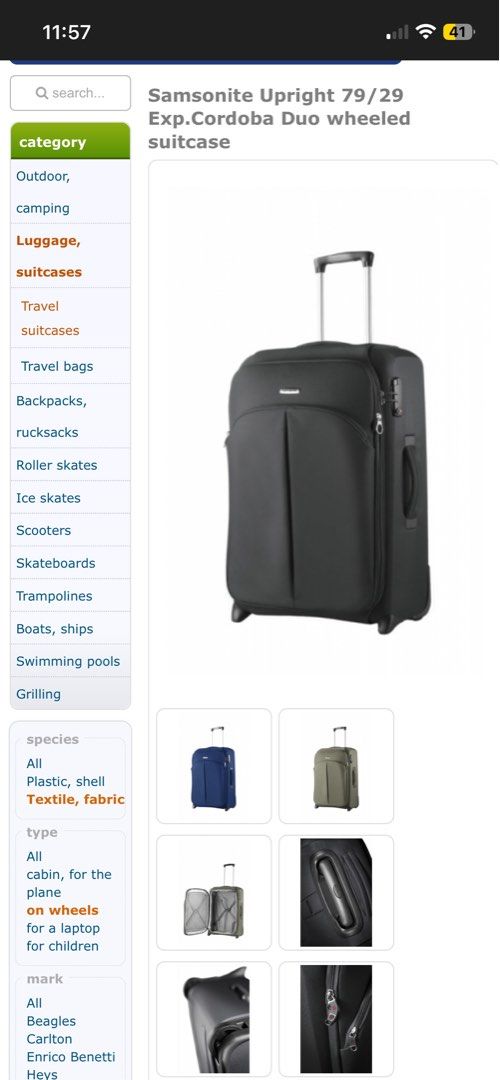 Samsonite Cordoba Duo Small (Category: Luggage) located in Quezon City. Submitted by beadiamzon (Listing ID 1463512363, Image 2). Description: Samsonite Cordoba Duo Size: Small 40 x 50 x 20 cm Capacity: 50L Color: Dark gray Price: 1k Free Delivery within Metro Manila.