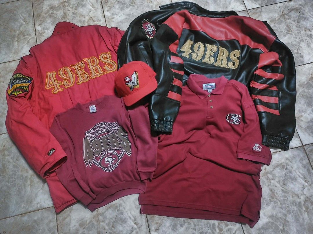 San Francisco 49ers Jacket, Polo, Sweatshirt & Cap (Category: Coats, Jackets and Outerwear) located in Manila. Submitted by ramosjacqu35241 (Listing ID 1463373034, Image 2). Description: For sale ‼️ San Francisco 49ers 🔥 Old English parka / puffer stadium coat Size 2-3xL By Mirage 1st string - 2200 Old English full leather size xL - 2xL By Game Day - 3400 Crewneck dated 1996 size 10-12 y.o on tag By logo 7 - 850 Polo shirt size xL - 2xL by Start