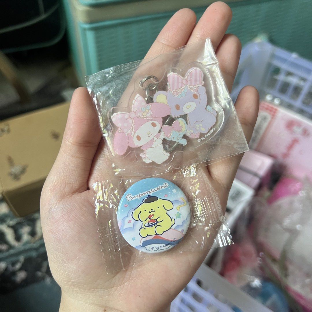 Sanrio Pompompurin & My Melody Pin/Keychain Set (Category: Character Goods) located in Quezon City. Submitted by mei_declutters (Listing ID 1463405121, Image 1). Description: 30 each, 50 if pair.
