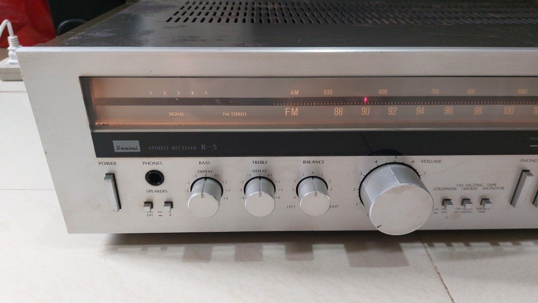 Sansui R-5 Stereo Receiver Amplifier Tuner (Category: Soundbars, Speakers & Amplifiers) located in Quezon City. Submitted by christopher.torio18 (Listing ID 1463553672, Image 1). Description: - Vintage Sansui R-5 Stereo Receiver - AM/FM Tuner - Inputs: Phono, Tape, Aux - Speaker Outputs: A and B systems - Perfect for a retro audio setup - Tested and confirmed working - Minor issue need to repair or rechanel Fm station - All original parts no hist