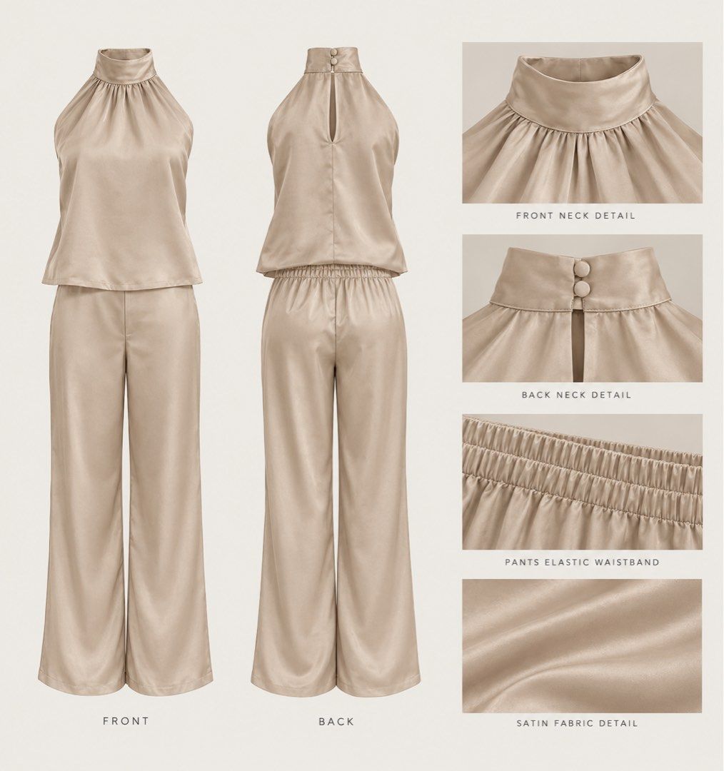 Satin Halter Neck Top and Wide Leg Pants Set (Category: Dresses) located in Singapore. Submitted by lulusarchive (Listing ID 1463509714, Image 1). Description: - Lightweight satin pajama set - Halter neck top with keyhole detail and back button closure - Wide-leg pants with elastic waistband - Beautiful fabric sheen - Ideal for lounging or sleepwear.
