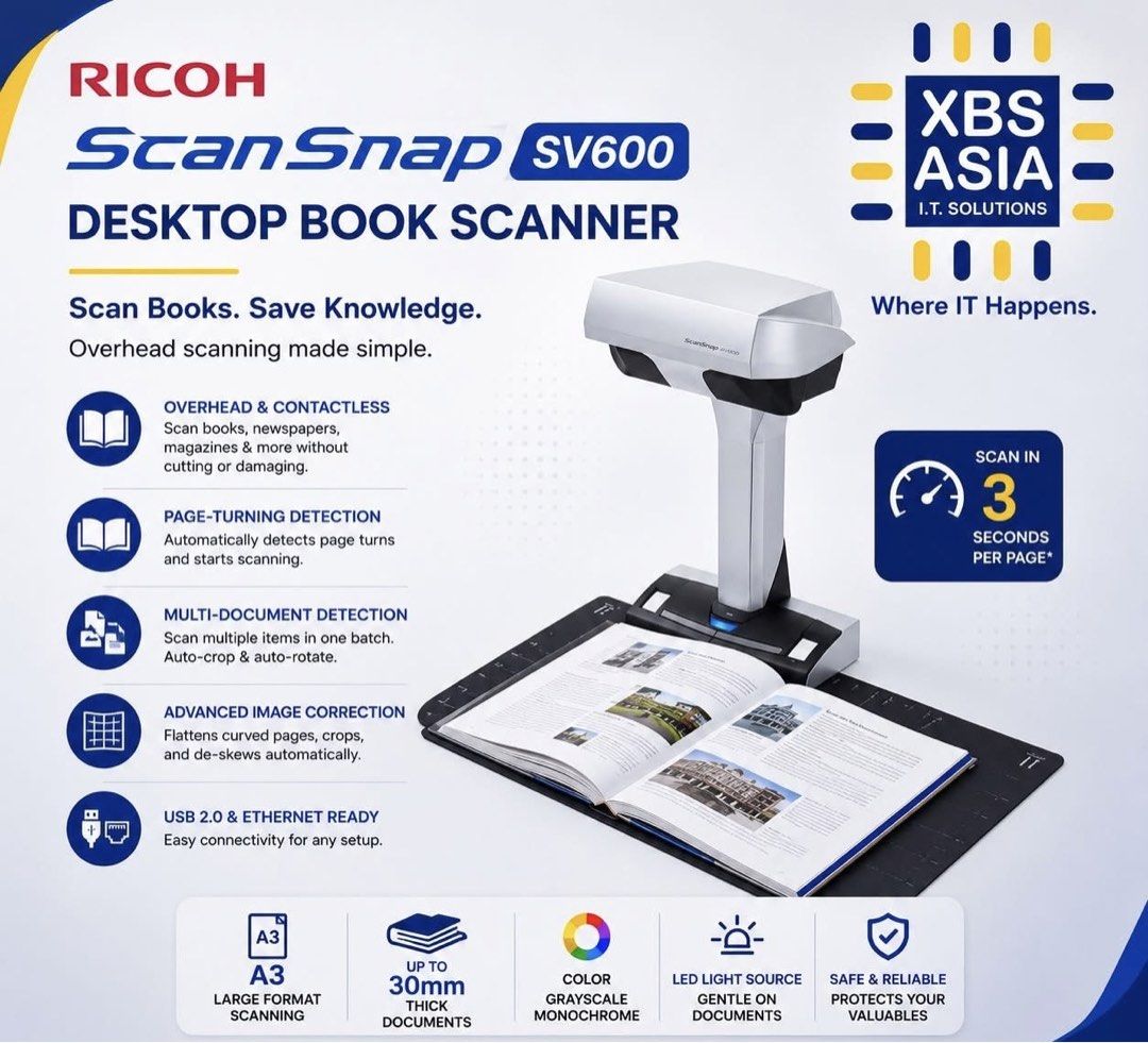 ScanSnap SV600 (Category: Printers, Scanners & Copiers) located in Quezon City. Submitted by ann_xbs (Listing ID 1463502579, Image 2). Description: ScanSnap SV600 Preserve your books, magazines, and important documents with the Ricoh ScanSnap SV600. Its overhead scanning technology lets you digitize bound materials without removing pages, making it the perfect solution for libraries, schools, offices, and businesses. 📩 Contact us for pricing and