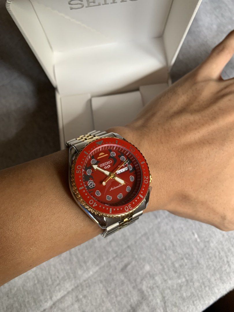 Seiko Five x One Piece Luffy Automatic Open Back (Category: Men's Watches) located in Manila. Submitted by jaivrgr22 (Listing ID 1463405485, Image 2). Description: Excellent Condition All Working / No issue With Hard Box & Paper Bag .