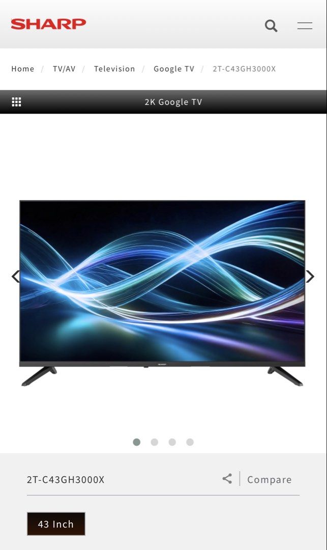 Sharp 43 inch (Category: TV) located in Taguig. Submitted by prvyr (Listing ID 1463423700, Image 1). Description: Description Sharp Google TV 2T-C43GH3000X TV Picture • Screen Size (Diagonal): 43 Inches • Resolution: 2K (1920×1080) • Engine: S6 Revelation Processor • Colour: Wide Color Backlight: Direct Engine • HDR: Yes • YouTube HDR: Yes • Netflix HDR: Yes • HDMI HDR: Yes Audio • Output Power: 8W x 2 • Auto Volume: Yes Smart • YouTube: Yes • Ne