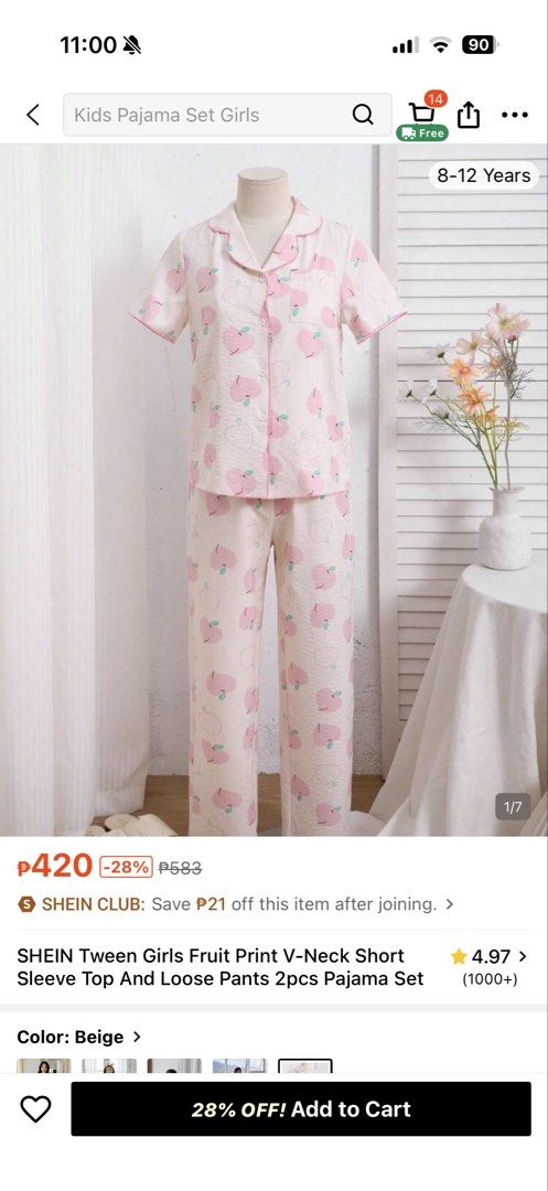 SHEIN Fruit Print Pajama Set (Category: Sets or Coordinates) located in Consolacion. Submitted by pitang17 (Listing ID 1463514599, Image 1). Description: - Adorable peach print pajama set - Short sleeve top with button-down front and collar - Loose fit pants with comfortable elastic waistband - Fits to XS or Small Delivery or shipping to be shouldered by the buyer .