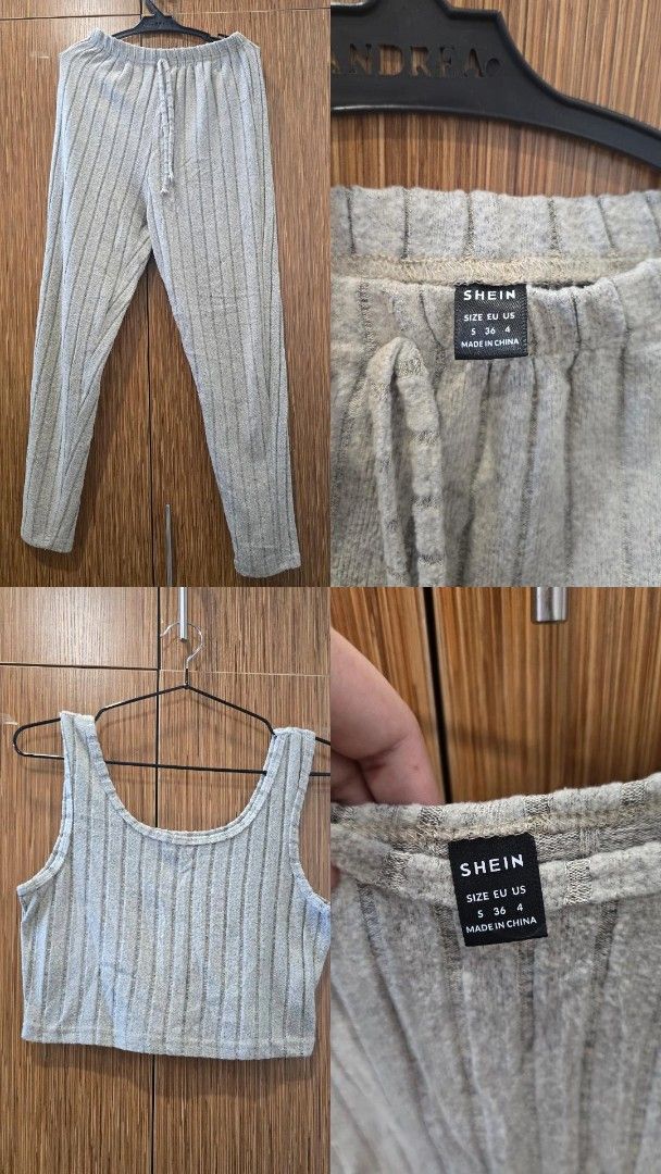 SHEIN Terno (Category: Undergarments & Loungewear) located in Cebu City. Submitted by kitty_12345_ (Listing ID 1463384620, Image 3). Description: Used for a few times and in very good condition - Grey ribbed lounge set from SHEIN - Set includes cropped tank top and matching drawstring pants - Both pieces feature thin grey stripes - Size S for both top and pants - Comfortable and casual, ideal for lounging at home MOP: gcash, mari, maya, gotyme MO