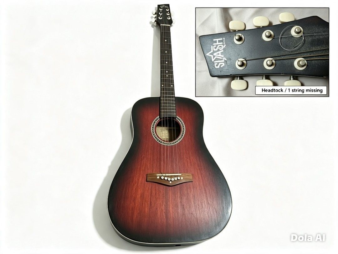 Slash Acoustic Guitar - Sunburst Finish (Category: Musical Instruments) located in Paranaque City. Submitted by gentle.declutter (Listing ID 1463394451, Image 1). Description: Great starter guitar — solid & ready to play ✅ Brand: SLASH Guitar — entry-level full-size acoustic ✅ Finish: Rich dark red sunburst — classic look ✅ Body: Dreadnought style — loud, balanced tone ✅ Condition: • ⚠️ One string missing — easy & cheap to replace • ✅ No other da