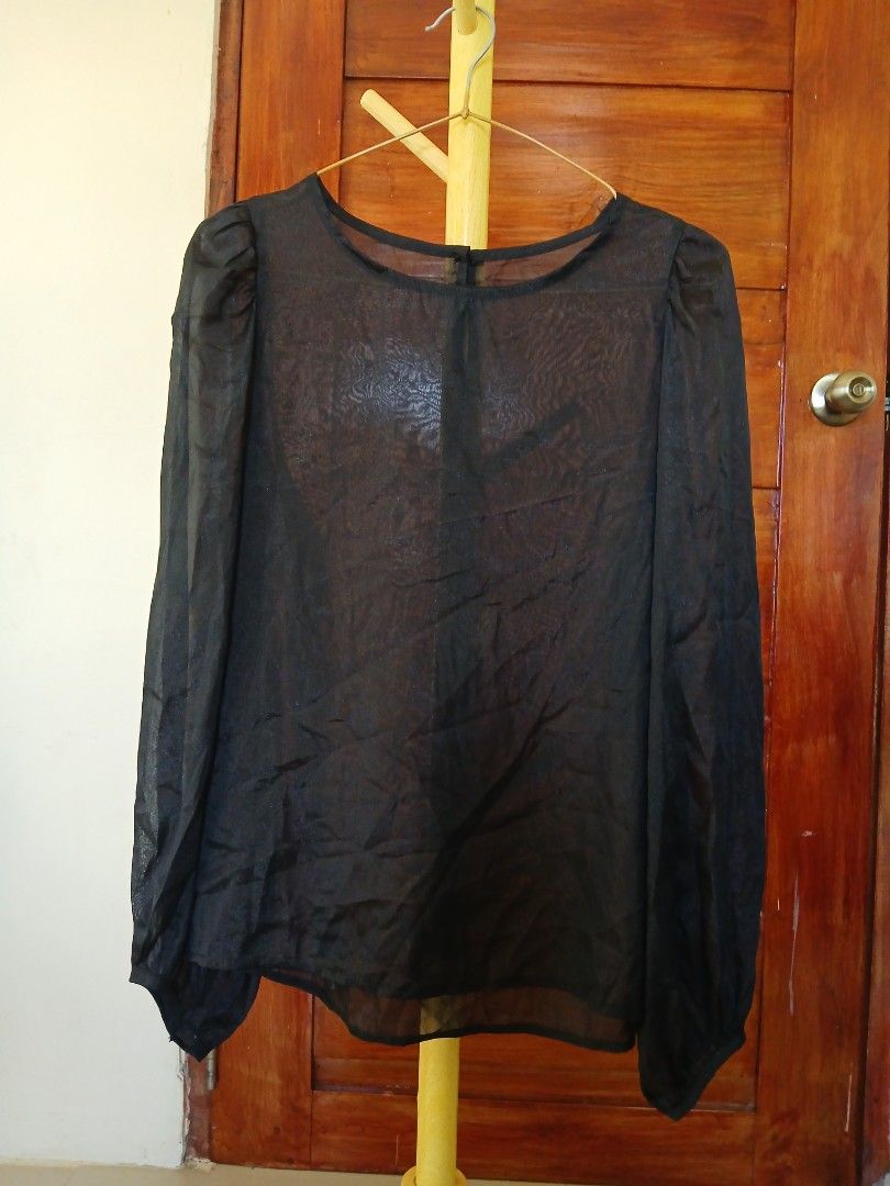 Solid Black, Long-Sleeved Blouse Crafted from Semi-Sheer Chiffon Fabric (Category: Longsleeves) located in Angadanan. Submitted by thriftby.cla (Listing ID 1463334893, Image 1). Description: Size: MEDIUM | 37 bust ~•~ 📍Angadanan, Isabela | Luzon Area.
