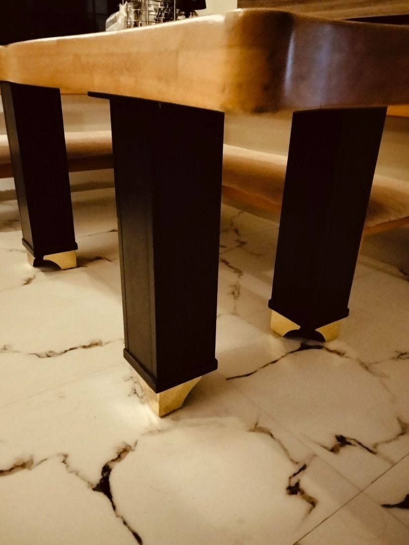 Solid wood dining/conference table with Black Inlay and Modern Legs (Category: Tables & Sets) located in Pasig City. Submitted by germainepatdu (Listing ID 1463364645, Image 2). Description: Solid wood live edge dining table with black inlay. Black legs with gold accents. Seats many. Unique dining table. good conference table too. up to 8 people. Price negotiable for sure buyers. dimension: depth: (short part)85cm (long part)100cm length: 189 cm 