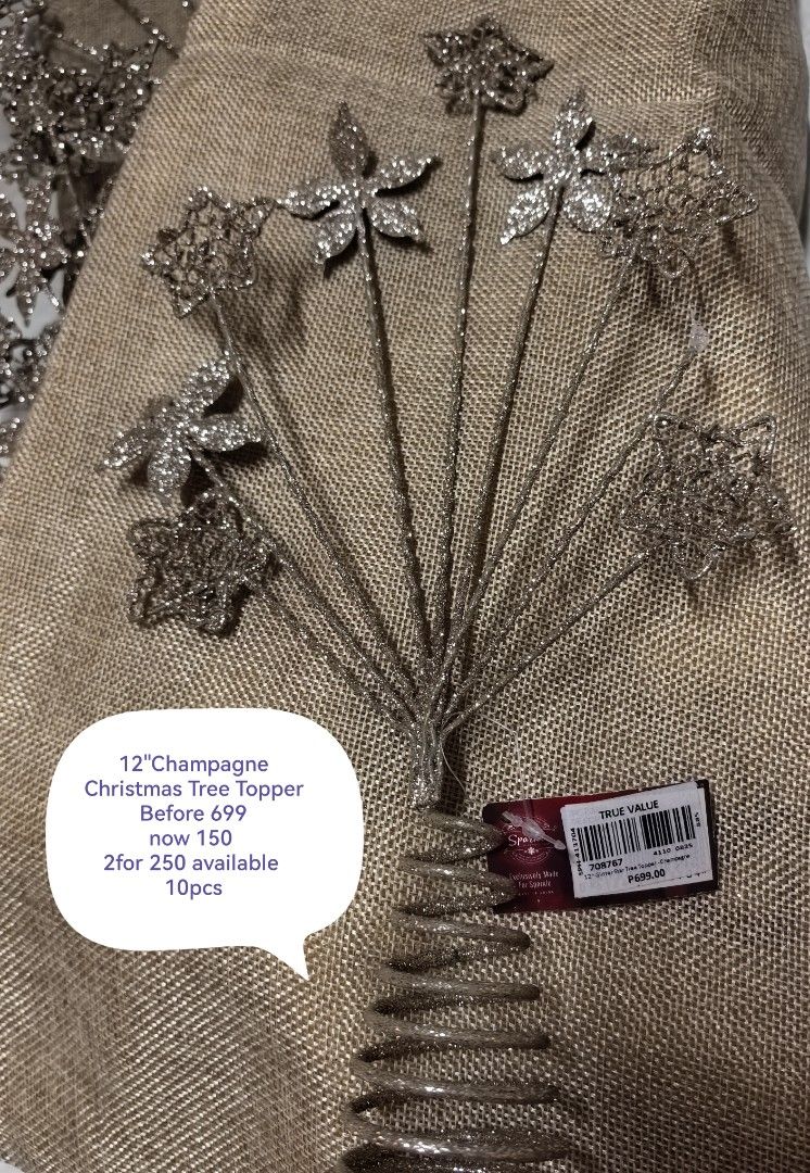Sparkle 12" Champagne Glitter Star Tree Topper (Category: Other Home Decor) located in Rizal. Submitted by gkstcenit (Listing ID 1463344287, Image 1). Description: - Add sparkle to your Christmas tree with this 12-inch champagne glitter star topper. - Original Price: P699 - Special Offer: P250 each, or 2 for P450. - Stock Available: 10 pieces. - Limited quantity, get yours now!.