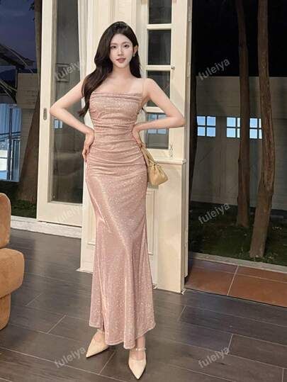Sparkly Spaghetti Strap Mermaid Maxi Dress (Category: Dresses) located in Consolacion. Submitted by xhaney (Listing ID 1463514771, Image 1). Description: - Stunning sparkly dress in a soft pinkish-rose gold hue. - Fitted bodice with a flattering mermaid-style skirt. - Elegant maxi length with delicate spaghetti straps. - Subtle shimmer throughout the fabric. - Ideal for parties, formal events, or any special occasion. -small- medium .