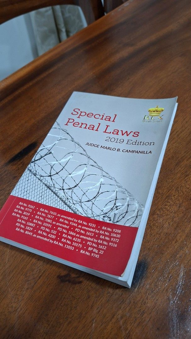 Special Penal Laws (2019) — Campanilla (Category: Textbooks) located in Cavite. Submitted by trishadvb (Listing ID 1463442722, Image 1). Description: Special Penal Laws 2019 Edition by Judge Marlo B. Campanilla - Php 900 - no markings 📍 Location: General Trias, Cavite 🚚 Shipping: J&T / Lalamove / Grab — shouldered by buyer.