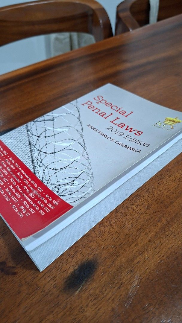 Special Penal Laws (2019) — Campanilla (Category: Textbooks) located in Cavite. Submitted by trishadvb (Listing ID 1463442722, Image 2). Description: Special Penal Laws 2019 Edition by Judge Marlo B. Campanilla - Php 900 - no markings 📍 Location: General Trias, Cavite 🚚 Shipping: J&T / Lalamove / Grab — shouldered by buyer.