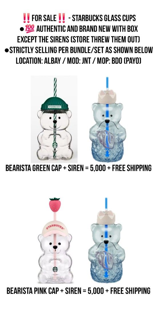 STARBUCKS GLASS CUPS (Category: Coffee & Tea Tableware) located in Legazpi City. Submitted by p0nyang (Listing ID 1463463221, Image 1). Description: ‼️FOR SALE‼️ - STARBUCKS GLASS CUPS ●💯 AUTHENTIC AND BRAND NEW WITH BOX EXCEPT THE SIRENS (STORE THREW THEM OUT) ●STRICTLY SELLING PER BUNDLE/SET AS SHOWN BELOW LOCATION: ALBAY / MOD: JNT / MOP: BDO (PAYO).