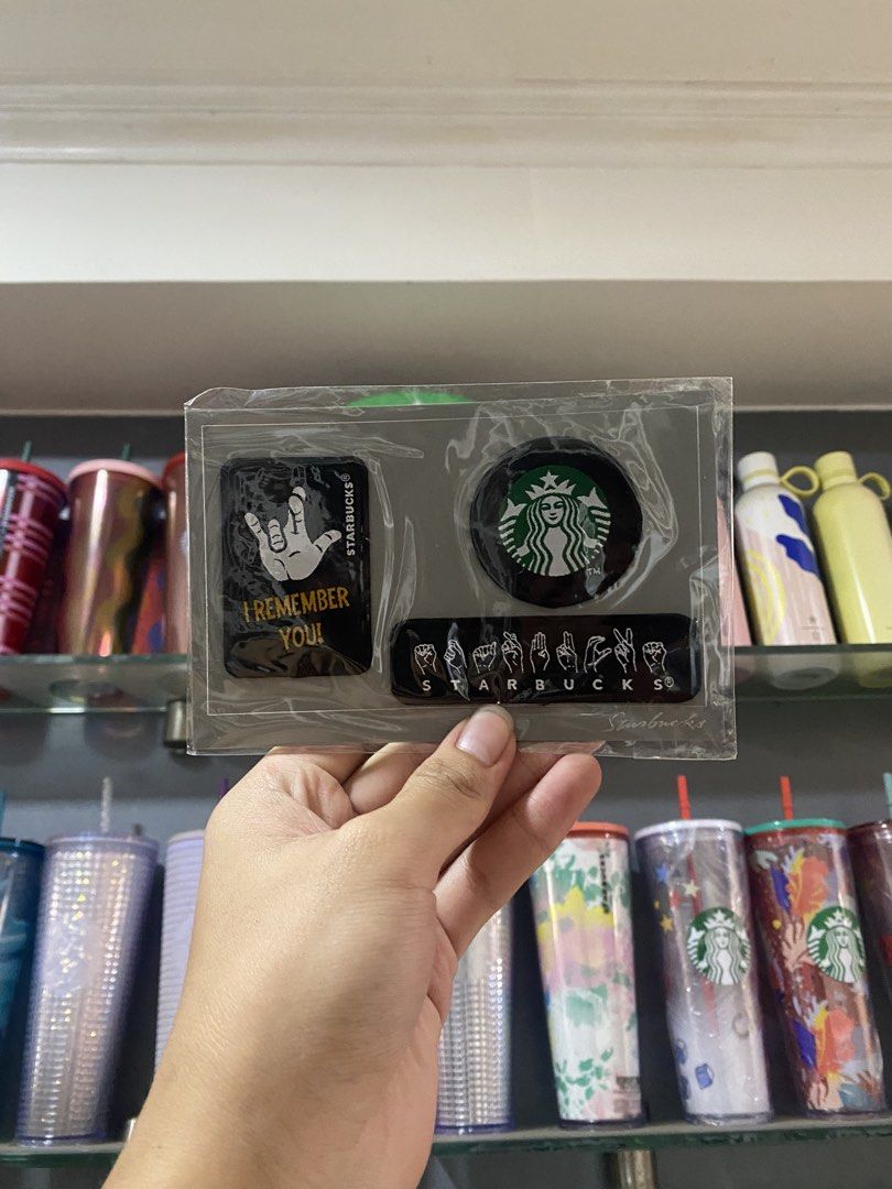 Starbucks iron patch Set - I Remember You, Sign Language, Logo (Category: Other Merchandise) located in Paranaque City. Submitted by jayisnottyfound (Listing ID 1463403420, Image 1). Description: - Set of 3 sealed Starbucks stickers - Includes 'I Remember You' sticker with hand gesture - Features the classic Starbucks logo sticker - Third sticker displays the sign language alphabet with 'Starbucks' below - All stickers are in original, sealed pac