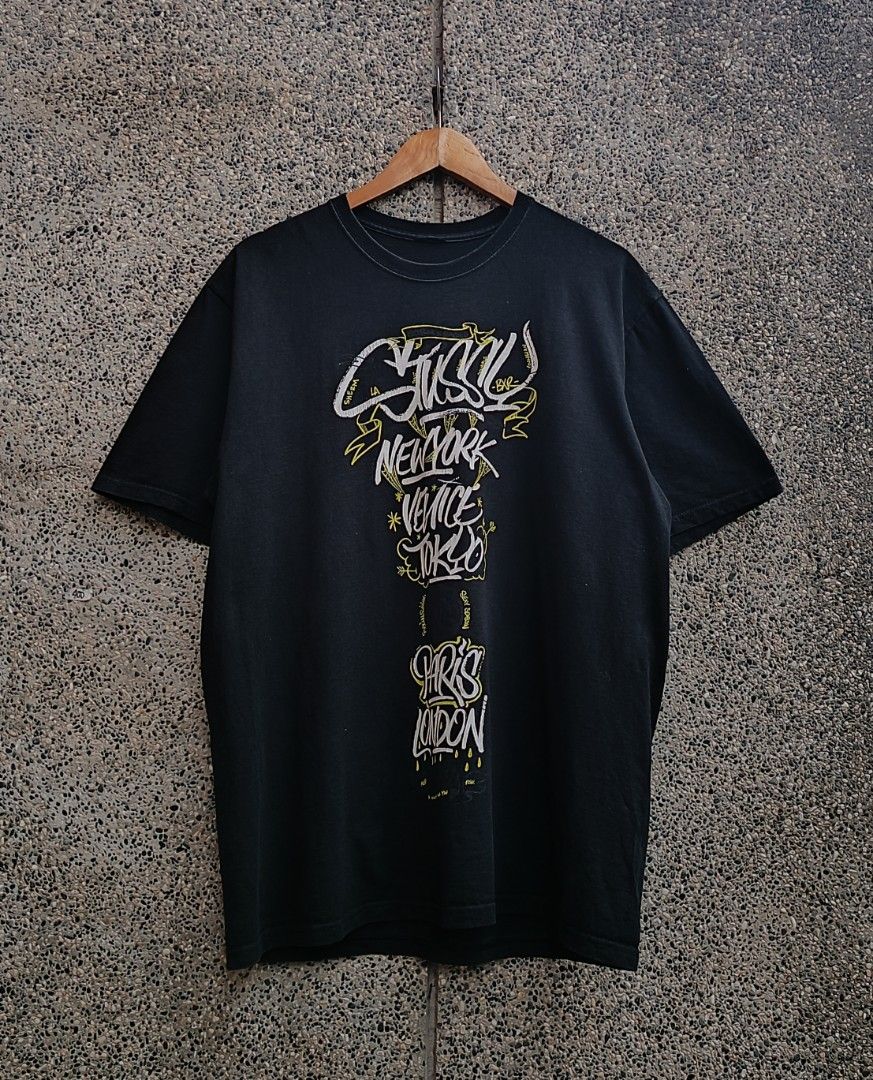 Stussy x Born and Raised Handstyles tee (Category: Activewear) located in Davao. Submitted by st333tcartel (Listing ID 1463369496, Image 1). Description: Cut tag fit Large Length 30 Width 22.5 Issue:Slight crack on print loose stitch at armpit.