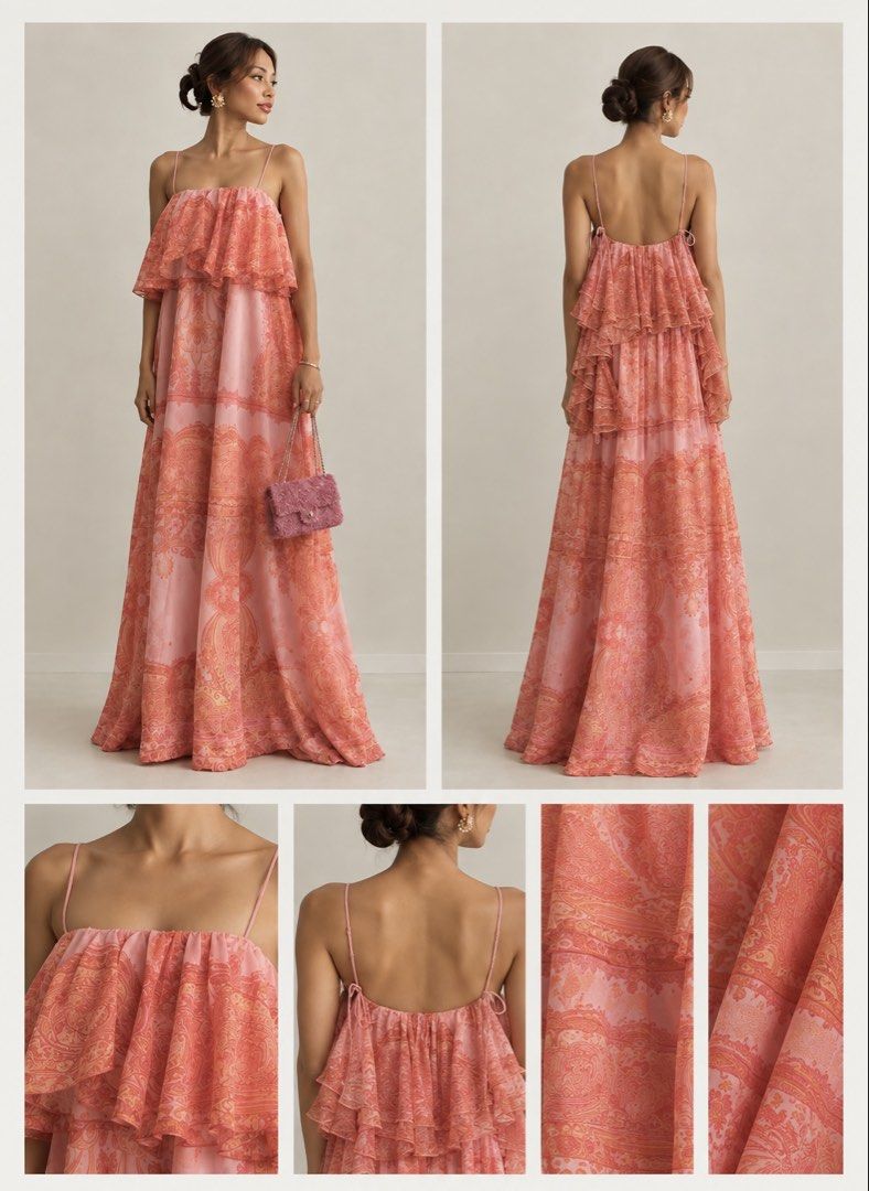 Sundance Frill Maxi Dress (Category: Dresses) located in Singapore. Submitted by lulusarchive (Listing ID 1463515663, Image 1). Description: - Beautiful pink and orange paisley print - Flowy maxi dress silhouette - Tiered ruffles on bodice - Flattering spaghetti strap design - Long, flowing hemline - Lightweight fabric - Ties at the back for adjustable fit - Ideal for summer events or vacations.