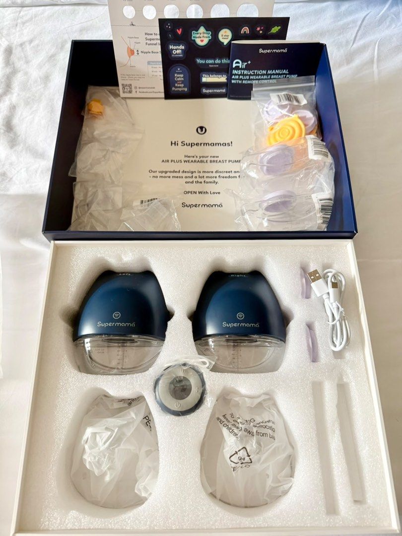 Supermama Air+ Double Wearable Breast Pump with Remote (Category: Breastfeeding & Bottle Feeding) located in Manila. Submitted by sbloved (Listing ID 1463353562, Image 2). Description: Supermama Lab Air Plus Handsfree Electric Breast Pump w/ Remote Control (Double) Selling for 5k (Retails for 12k) Like NEW.