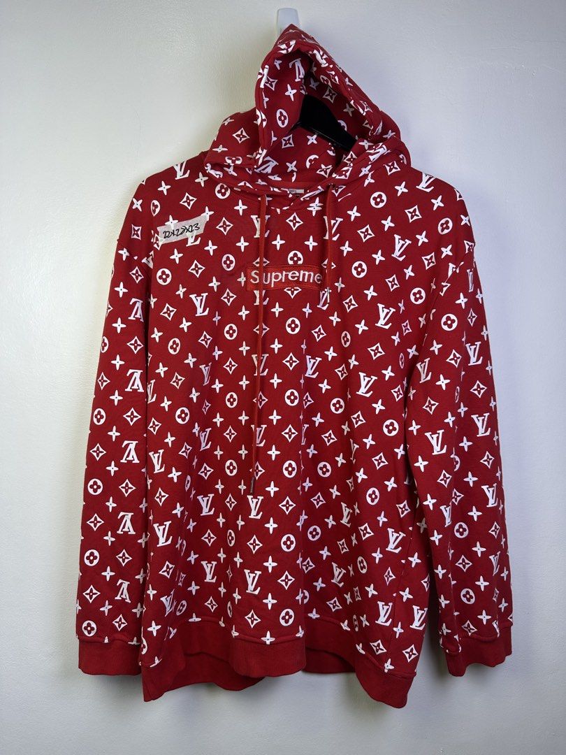 Supreme Louis Vuitton Monogram Red Hoodie (Category: Coats, Jackets and Outerwear) located in Manila. Submitted by declutterpromax (Listing ID 1463407509, Image 1). Description: - Supreme x Louis Vuitton collaboration hoodie - Eye-catching all-over Louis Vuitton monogram print in red - Features the iconic Supreme box logo on the chest - Size: 3XL - Material: 100% pre-shrunk cotton - Secondary fabric: Viscose and silk blend - Made in Portugal.