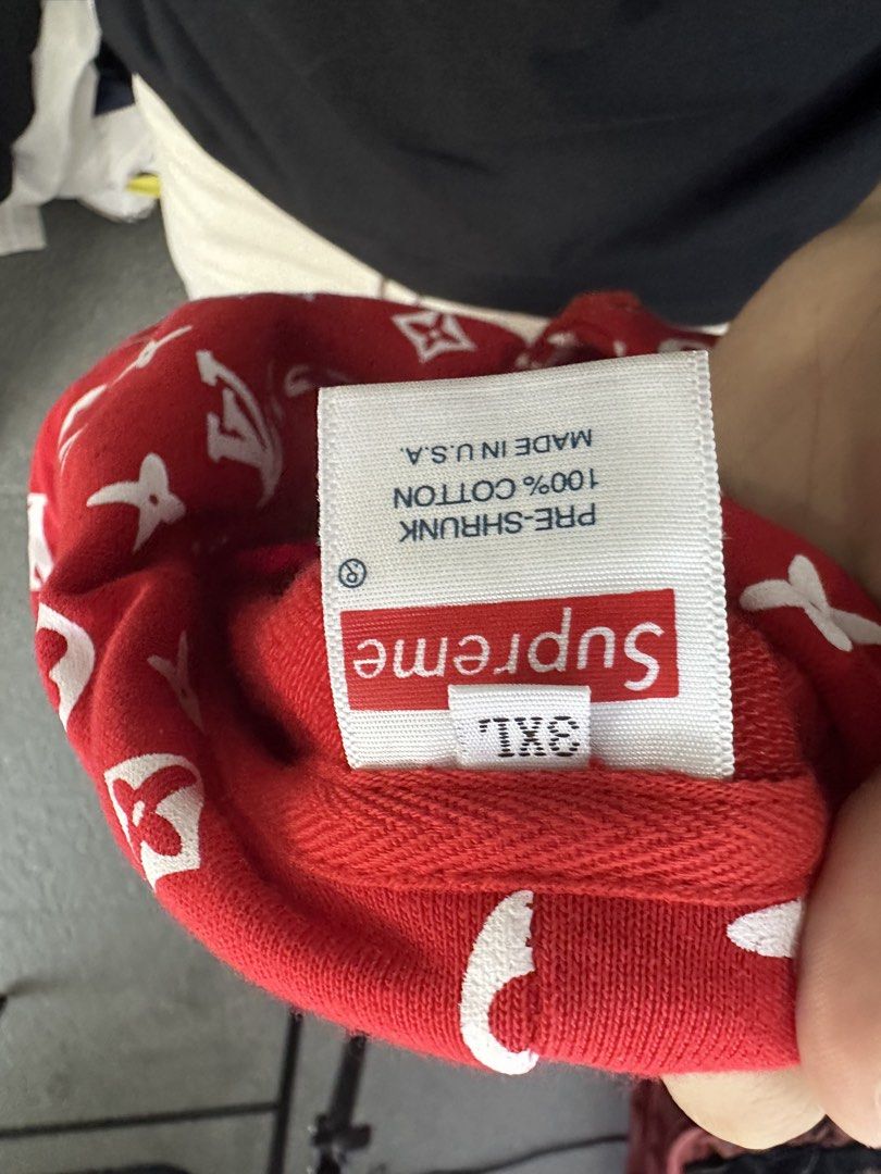 Supreme Louis Vuitton Monogram Red Hoodie (Category: Coats, Jackets and Outerwear) located in Manila. Submitted by declutterpromax (Listing ID 1463407509, Image 3). Description: - Supreme x Louis Vuitton collaboration hoodie - Eye-catching all-over Louis Vuitton monogram print in red - Features the iconic Supreme box logo on the chest - Size: 3XL - Material: 100% pre-shrunk cotton - Secondary fabric: Viscose and silk blend - Made in Portugal.