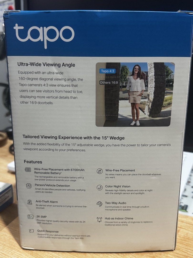 Tapo wireless video doorbell (Category: Security Systems & CCTV Cameras) located in Paranaque City. Submitted by gelato09 (Listing ID 1463528043, Image 3). Description: Tapo wireless video doorbell D230S1 Additional Tapo A100 battery pack Price: 600 fixed RFS: upgrade Complete packaging ISSUE: IR sensor cover was damaged. Still works fine as a doorbell and will record video when the button is pressed Pick up at Vicente Recto Street, VIRSHOA, BF H