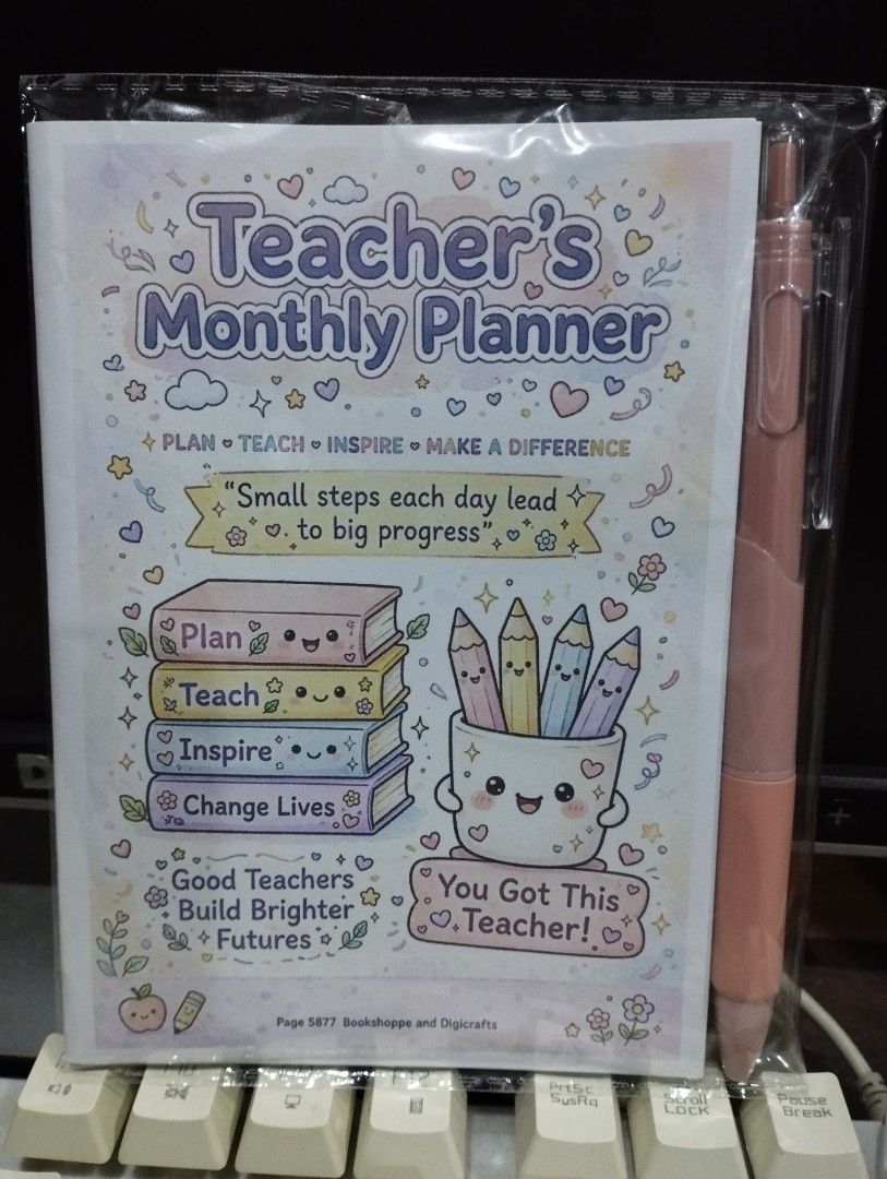Teacher's Monthly Planner & Notebook Set with Pen (Category: Stationery & School Supplies) located in Bulacan. Submitted by page5877bookshoppe (Listing ID 1463474155, Image 2). Description: - Cute teacher's monthly planner and notebook set - Includes a matching pen - Planner cover: "Teacher's Monthly Planner" with fun, motivational design - Notebook theme: "Coffee Teach Inspire Repeat" - Ideal for organizing your school year - Brand: Page 5877 Bo