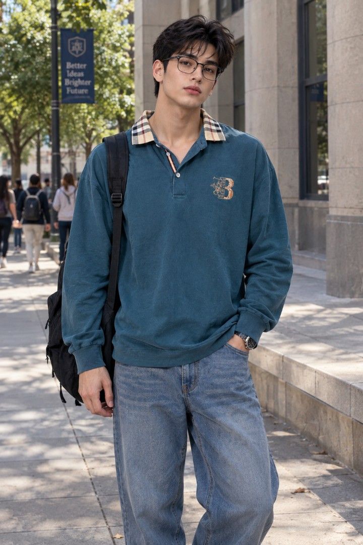 Teal Collared Shirt with Plaid Collar (Category: Coats, Jackets and Outerwear) located in Mexico. Submitted by silverkatie429 (Listing ID 1463549473, Image 1). Description: This is a teal long‑sleeve collared shirt with a plaid‑patterned collar detail and a bold embroidered letter “B” on the chest. The shirt blends casual and preppy elements, making it versatile for campus or everyday wear..