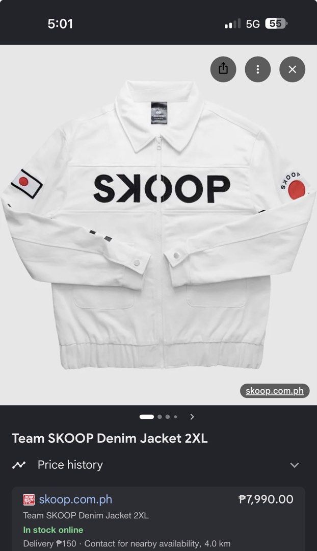 Team SKOOP Denim Jacket 2XL White (Category: Coats, Jackets and Outerwear) located in Makati City. Submitted by luxhunter2023 (Listing ID 1463415165, Image 1). Description: SKOOP “TEAM SKOOP” Japanese Work Jacket | XS - could fit up to medium A really unique SKOOP statement piece. ✨ Details: • Authentic SKOOP • Size XS • White / cream • Structured cotton/twill construction • Large TEAM SKOOP graphic on back • Japanese-inspired embroidery and patc