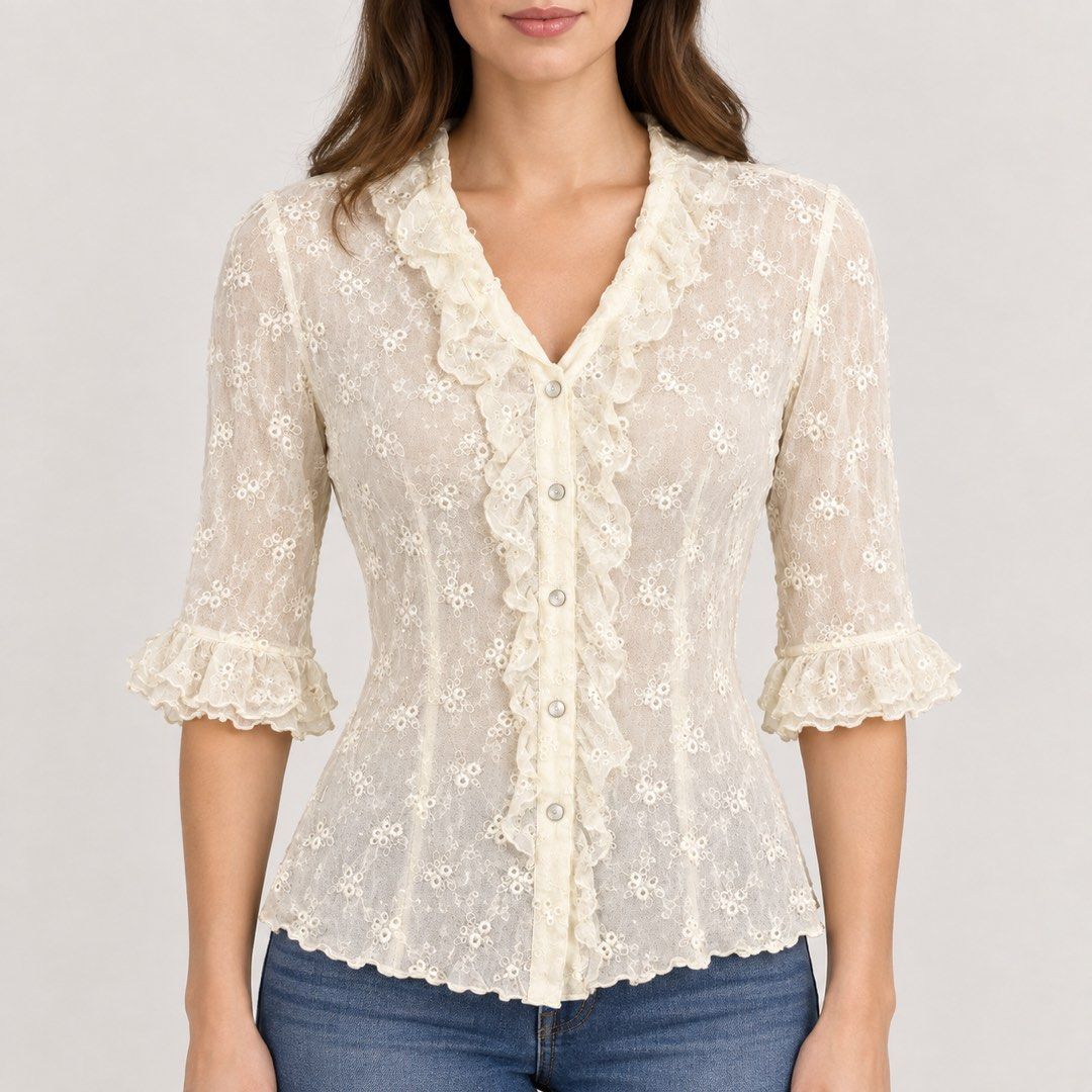 TESS 100% Silk Embroidered Ruffle Blouse Size 8 (Category: Blouses) located in San Ildefonso. Submitted by rgdeclutters (Listing ID 1463472724, Image 2). Description: L 18" W 17.5".