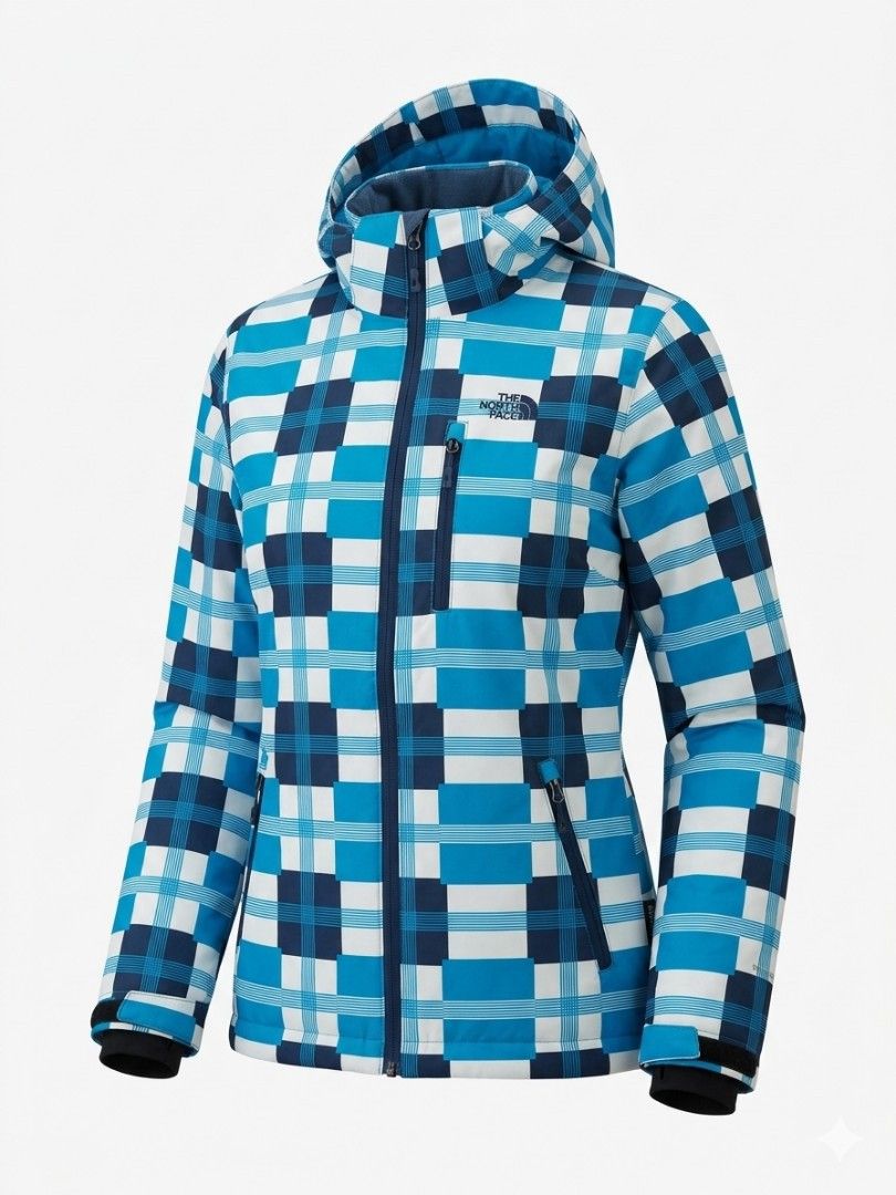 The North Face Plaid Ski Jacket (Category: Coats, Jackets and Outerwear) located in Baguio. Submitted by vyner_hues (Listing ID 1463404472, Image 1). Description: - The North Face plaid ski jacket - Color: Blue, white, and navy checkered pattern - Features: Hooded, zip-up front, zippered pockets - Warmth: Inner fleece lining - Ideal for: Skiing or staying cozy.