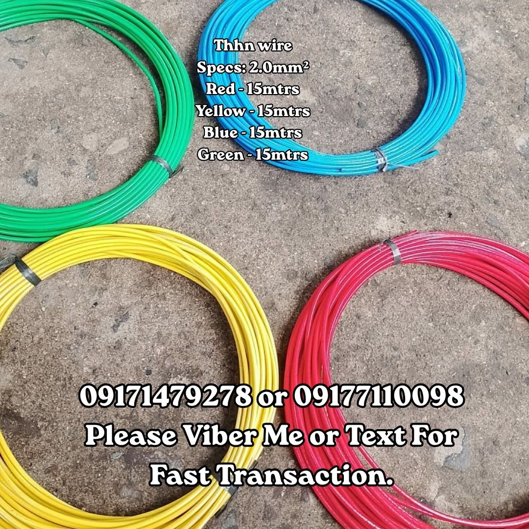Thhn wire (Category: Construction Tools & Equipment) located in Manila. Submitted by 09171479278_elsie. (Listing ID 1463393677, Image 1). Description: Thhn wire Specs: 2.0mm² Red - 15mtrs Yellow - 15mtrs Blue - 15mtrs Green - 15mtrs .