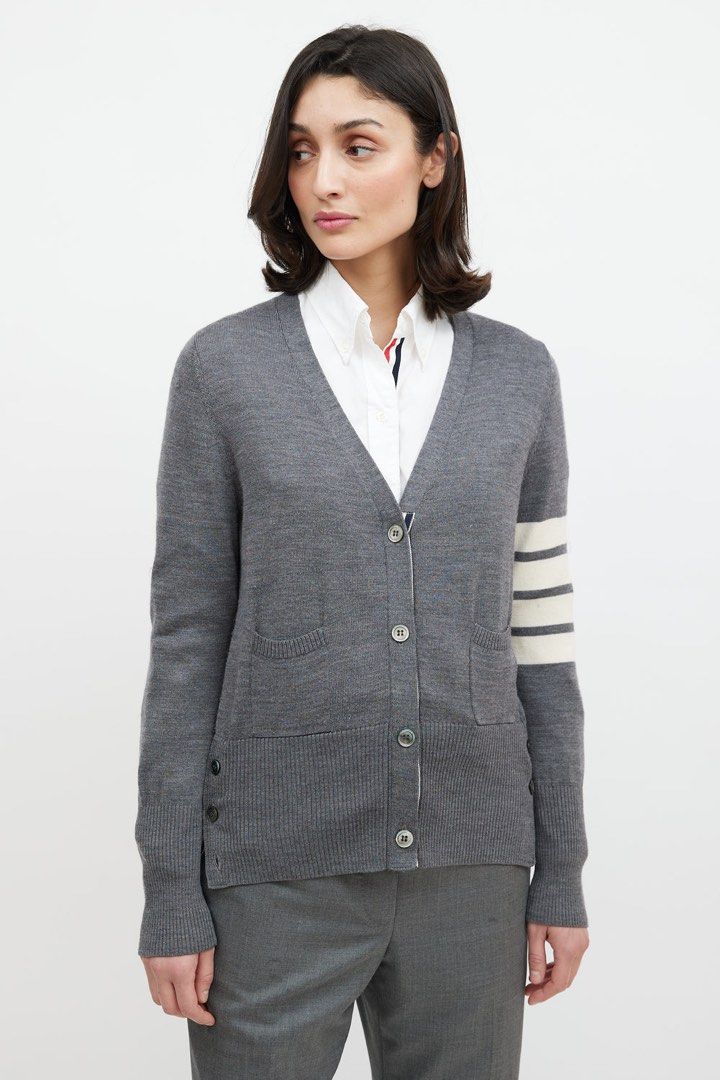 Thome Brown Cadrigan (Category: Longsleeves) located in Manila. Submitted by streetw1se.ph (Listing ID 1463503916, Image 1). Description: Thom Brown 4-Bar stripe DIMES: Laid flat Width:19 Length:24 Shoulder:14.5 Sleeve length:24 Hem:15 Adjustable (Measured in inches) -No Flaws - Good condition -Made in japan.