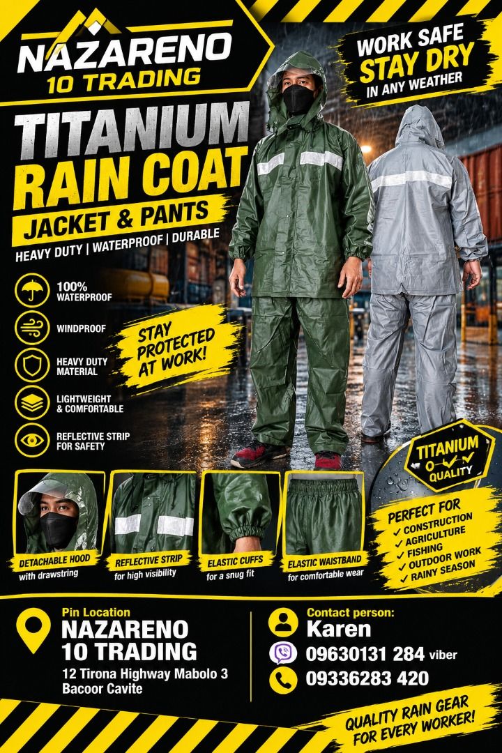 TITANIUM RAIN COAT JACKET AND PANTS (Category: Looking For) located in Bacoor. Submitted by kajezame.2021 (Listing ID 1463392168, Image 1). Description: TITANIUM RAIN COAT JACKET AND PANTS For More Details and Discount Contact Ms. Karen NAZARENO 10 TRADING 0963 0131 284 0933 6283 420 0956 7028 557 0933 8559 510 Landline: Look for Ms. Karen (046 ) 416 3920 Also available: • Traffic cone • Parking Block stopper • Hooded trash bin • Road Plastic Bar