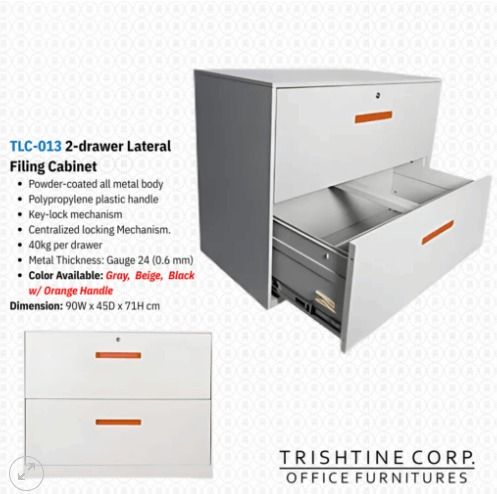 TLC-013 | 2-Drawer Lateral Filing Cabinet (Category: Office Furniture & Fixtures) located in Caloocan City. Submitted by jimkirt.tristine.ph (Listing ID 1463406442, Image 2). Description: Powder-coated all metal body Polypropylene plastic handle Key-lock mechanism Centralized locking Mechanism. 40kg per drawer Metal Thickness: Gauge 24 (0.6 mm) Color Available: Gray, Beige, Black w/ Orange Handle Dimension: 90W x 45D x 71H cm DISCLAIMER: PRICE IS