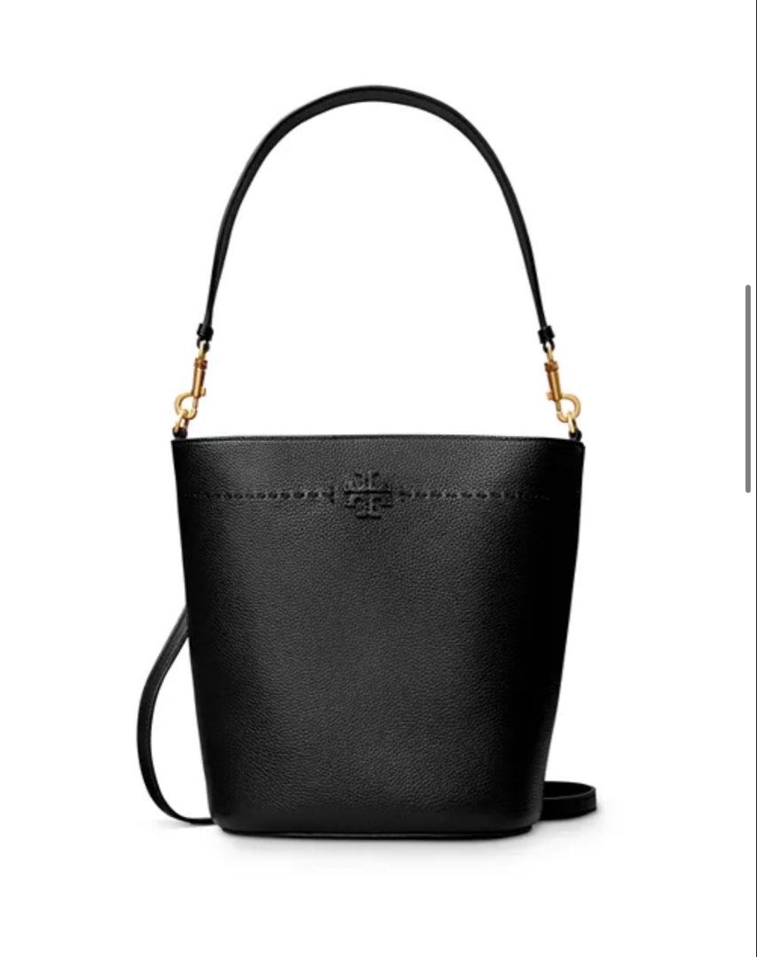Tory Burch McGraw Bucket Bag (Category: Luxury Bags & Wallets) located in Cebu City. Submitted by forless.ph (Listing ID 1463525405, Image 1). Description: Removable shoulder strap, 9.8” drop Adjustable, removable crossbody strap, 21.3” drop Dimensions: 7.6”W x 1.9”D x 5”H Magnetic snap closure One exterior slit pocket, one interior slit pocket Lined Leather; lining: 50% polyurethane (PU) /50% nylon Imported.