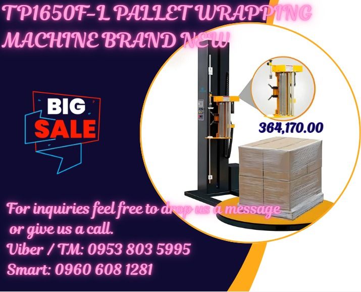 TP1650F-L PALLET WRAPPING MACHINE BRAND NEW (Category: Everything Else Others) located in Caloocan City. Submitted by javierchec55656 (Listing ID 1463372193, Image 1). Description: *Wrap size (500-1200) *W (500-1100) *H (500-2000) mm *Turntable height:85mm *Loading:2000kg *Speed:0-12rpm/min ●max lifting weight cap : 2000kg or 2.0 ton ●wrapping height : 500-2000/2400mm ●wrapping lenght (L*M):(500-1100)mm*(500-1200)mm ●packing efficiency : 20-40 lo
