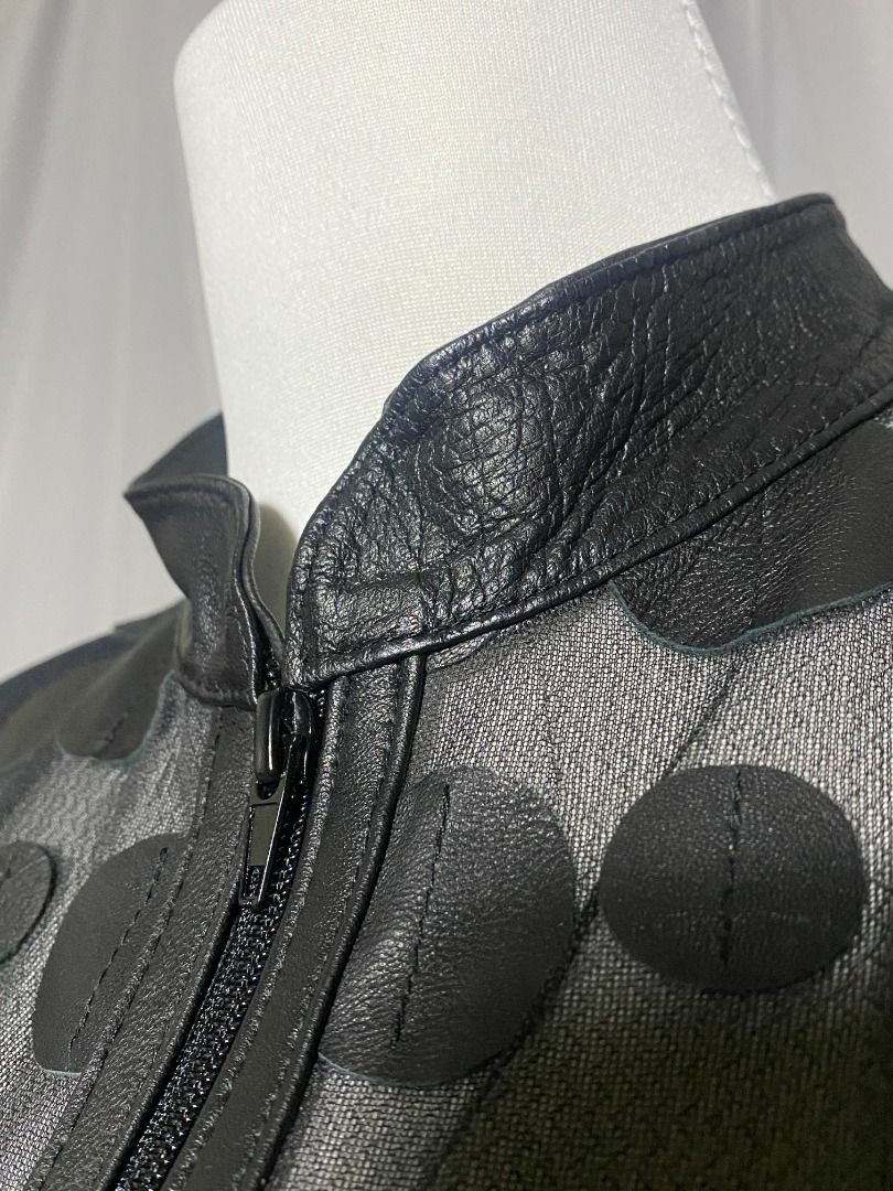 Tulle and leather appliqué zip-up jacket (Category: Coats, Jackets and Outerwear) located in Las Pinas. Submitted by ipickyou (Listing ID 1463477320, Image 2). Description: Unwashed 𝗠𝗲𝗮𝘀𝘂𝗿𝗲𝗺𝗲𝗻𝘁𝘀 𝘄𝗵𝗲𝗻 𝗹𝗮𝗶𝗱 𝗳𝗹𝗮𝘁: -Size 42 -Shoulder to shoulder: 17” -Armpit to armpit: 21 1/2” -Length: 22” .