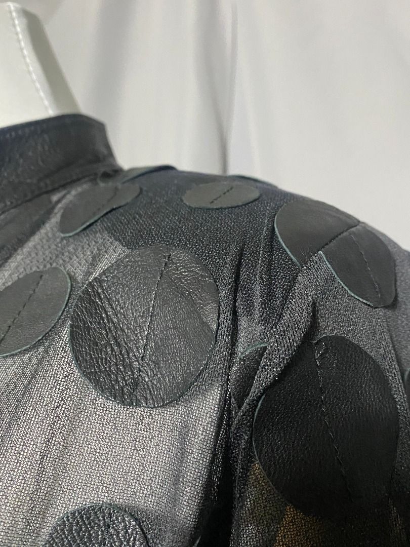 Tulle and leather appliqué zip-up jacket (Category: Coats, Jackets and Outerwear) located in Las Pinas. Submitted by ipickyou (Listing ID 1463477320, Image 3). Description: Unwashed 𝗠𝗲𝗮𝘀𝘂𝗿𝗲𝗺𝗲𝗻𝘁𝘀 𝘄𝗵𝗲𝗻 𝗹𝗮𝗶𝗱 𝗳𝗹𝗮𝘁: -Size 42 -Shoulder to shoulder: 17” -Armpit to armpit: 21 1/2” -Length: 22” .