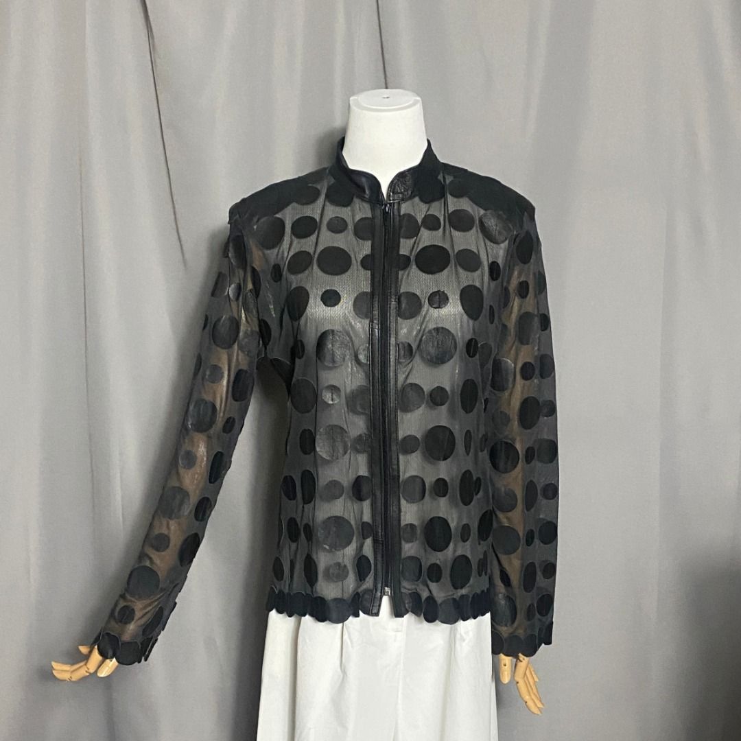 Tulle and leather appliqué zip-up jacket (Category: Coats, Jackets and Outerwear) located in Las Pinas. Submitted by ipickyou (Listing ID 1463477320, Image 1). Description: Unwashed 𝗠𝗲𝗮𝘀𝘂𝗿𝗲𝗺𝗲𝗻𝘁𝘀 𝘄𝗵𝗲𝗻 𝗹𝗮𝗶𝗱 𝗳𝗹𝗮𝘁: -Size 42 -Shoulder to shoulder: 17” -Armpit to armpit: 21 1/2” -Length: 22” .