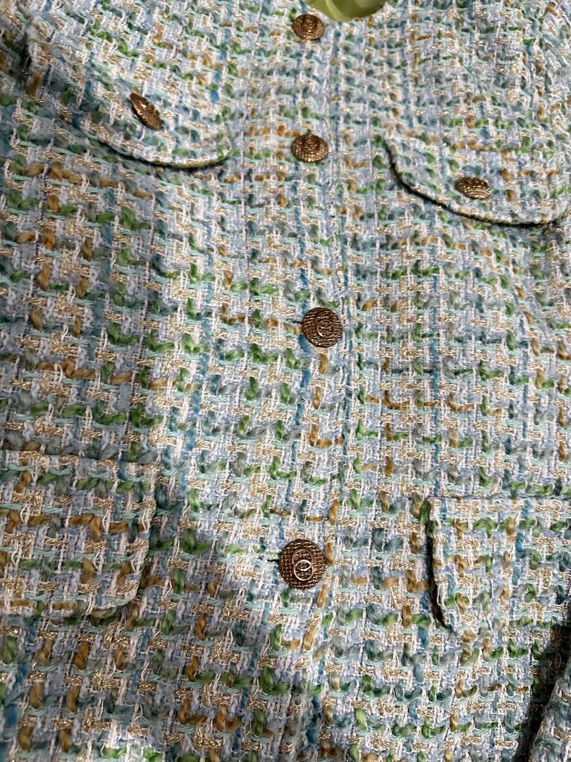 Tweed Jacket - Light Blue & Green Textured (Category: Coats, Jackets and Outerwear) located in Manila. Submitted by everythingsale101 (Listing ID 1463479813, Image 2). Description: - Light blue and green textured tweed jacket from XiXi. - Classic collarless design. - Button closures. - Two front pockets. - Fully lined with smooth green fabric. - Ideal for layering over tops or dresses. - Adds a pop of color and texture to any outfit. Fits up to L