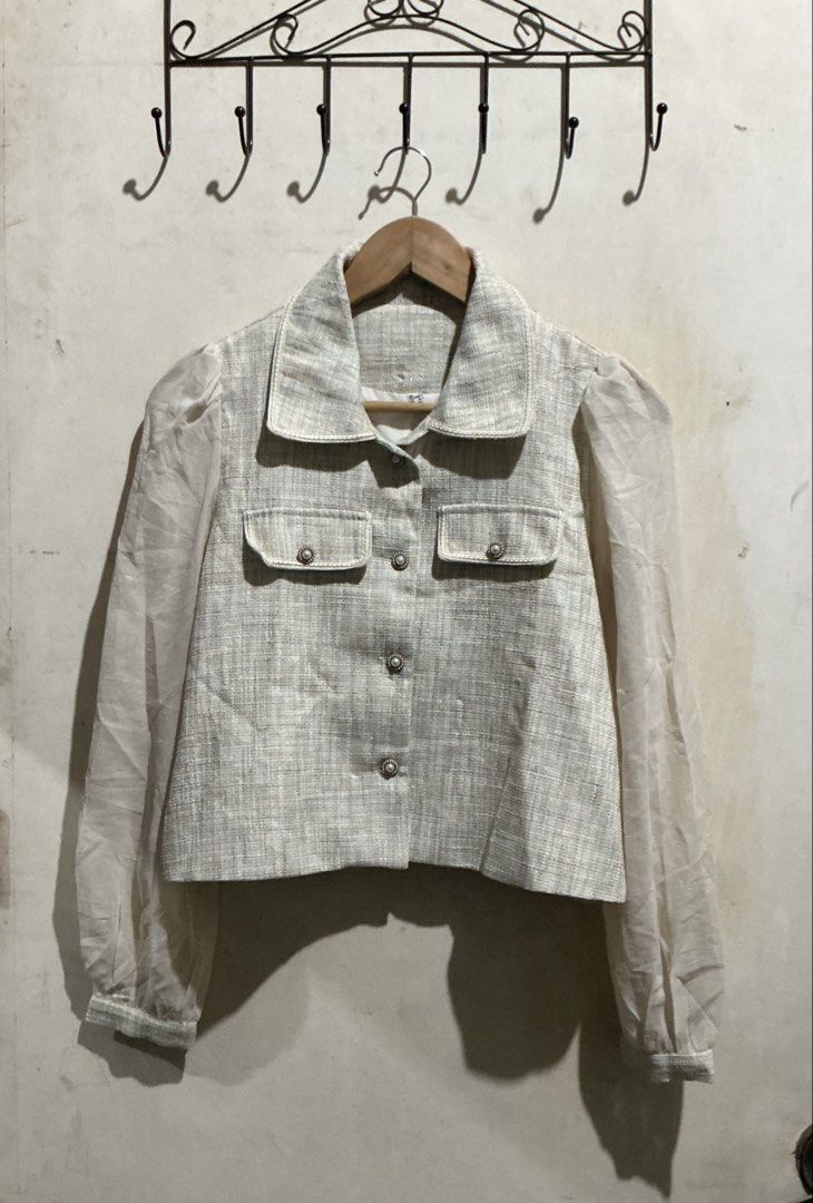 TWEED LONG SLEEVE MESH SLEEVE TOP (Category: Longsleeves) located in Dagupan City. Submitted by trendies_collection (Listing ID 1463417325, Image 1). Description: Preloved but good as new Xs to Small Mesh sleeves, semi see through No issue.