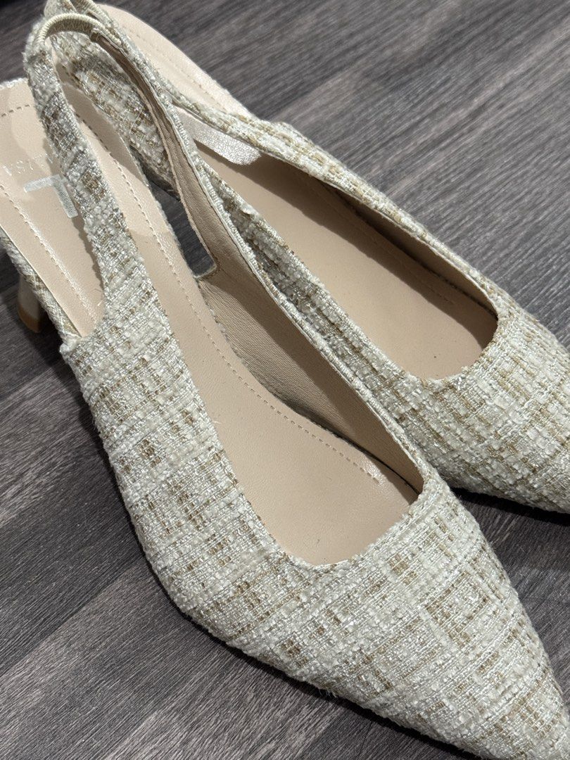 Tweed Slingback Heels with Block Heel (Category: Heels) located in Taguig. Submitted by rzkei (Listing ID 1463472141, Image 2). Description: RFS: Decluttering - Size 38 (240mm) - 3" heel - Used one time for a shoot - With box 📍Taguig.