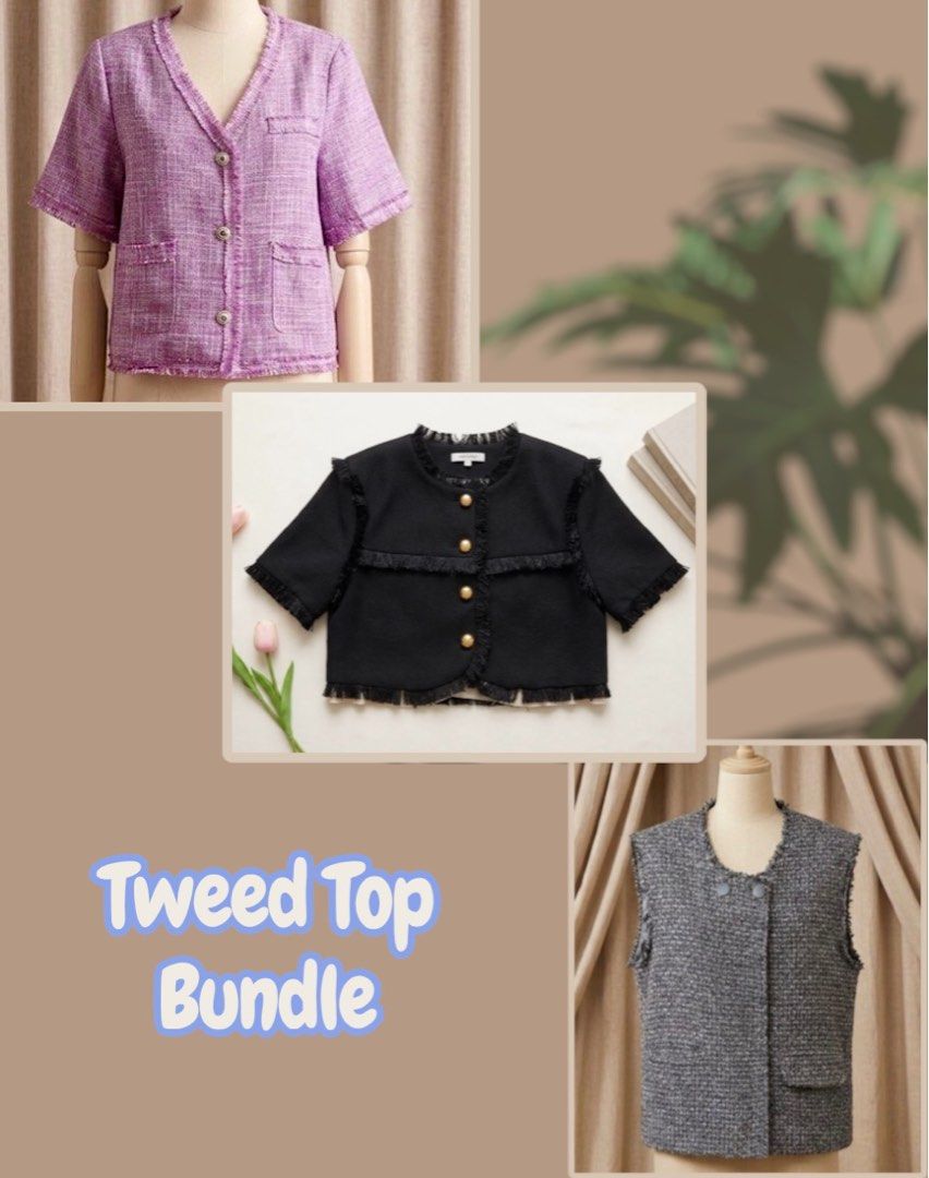 Tweed Tops Bundle (Category: Blouses) located in Muntinlupa City. Submitted by pink_strawberry_collections (Listing ID 1463475215, Image 1). Description: MAKE READING A HABIT. ALL PHOTOS POSTED. Random sizes (L-XL) Color may slightly vary due to lighting. Not brand new so please manage your expectations. Only purple top is brand new (with extra button) Payment first. No return, no exchange. All sales are final. FIXED PRICE DO NOT MAKE AN OFFER IF