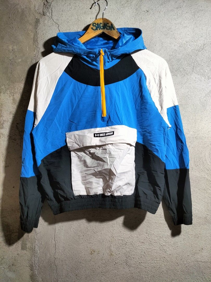 Under Armour Colorblock Anorak Jacket (Category: Coats, Jackets and Outerwear) located in Valencia. Submitted by cabisaythriftshop (Listing ID 1463414051, Image 3). Description: Under Armour Training woven hooded jacket in blue colourblock Small-Medium 23L*21W As new.